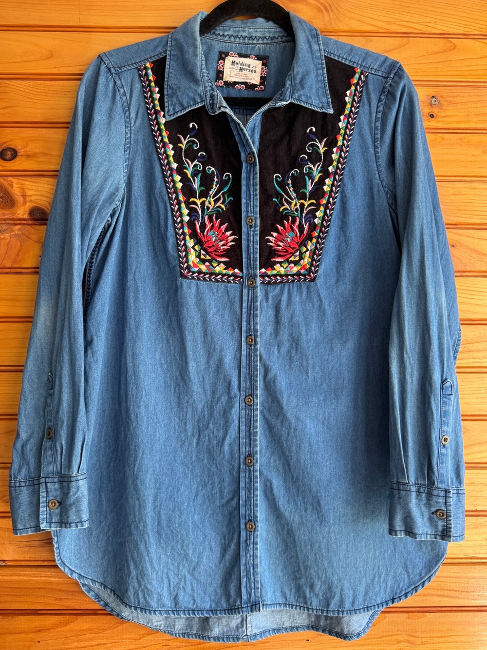 Anthropologie Holding Horses Embroidered Denim Tunic Shirt 8 Western Boho